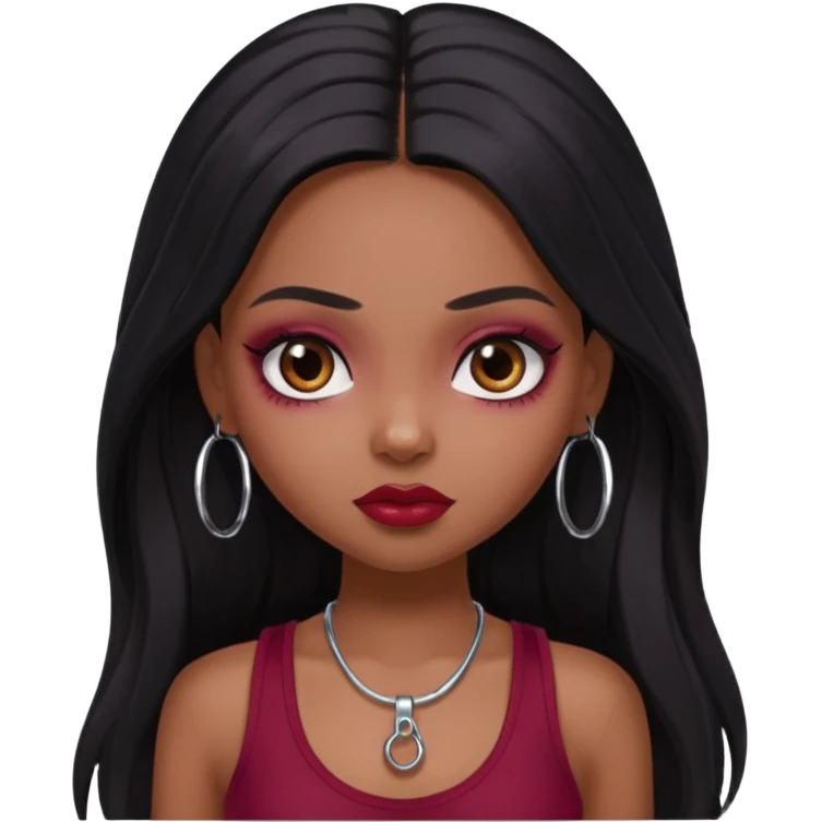 a pretty bratz girl with long black hair, kajal under eyes, small silver hoop. Dark cherry red tank top on.  emoji