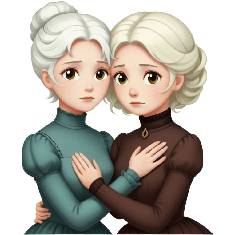 two Victorian women with light eyes, one with bright white coiffed hair and one with dark copper coiffed hair, wearing Victorian turtleneck dresses, embracing in a sad, intimate hug emoji