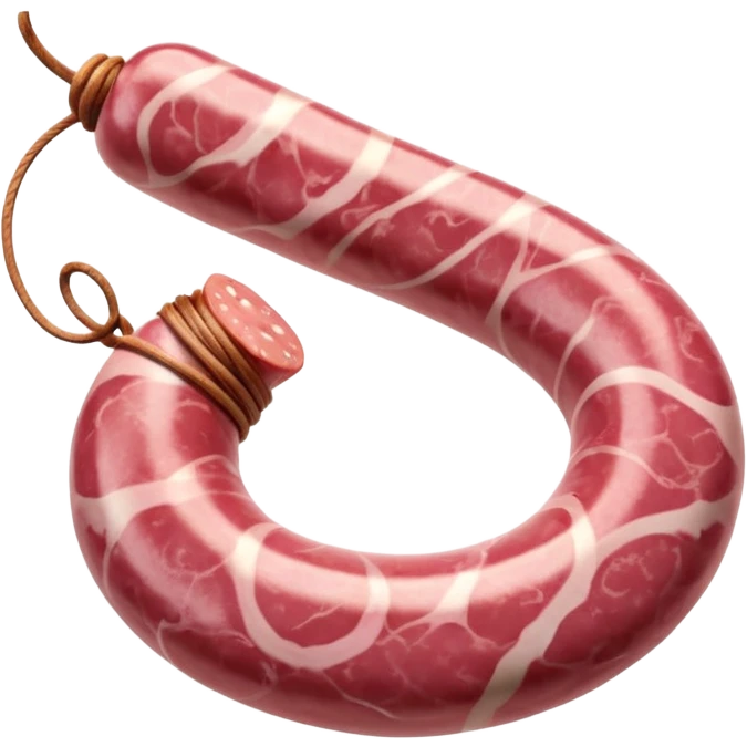 raw Toulouse sausage coiled in a loose open spiral, thick pale pink with fine marbling, smooth natural casing, one visible end tucked toward center, slight gloss, rustic handmade appearance, soft lighting, subtle shadows, emoji scale emoji