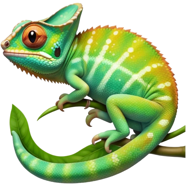cinematic cute-smiling baby chameleon-realistic emoji,-blending-with-vibrant-greenery.-detailed-scales-in-shifting-colors,-showing-the-chameleon’s-ability-to-camouflage.-soft-natural-light-highlights-its-texture.-light-background, zoomed into its face emoji