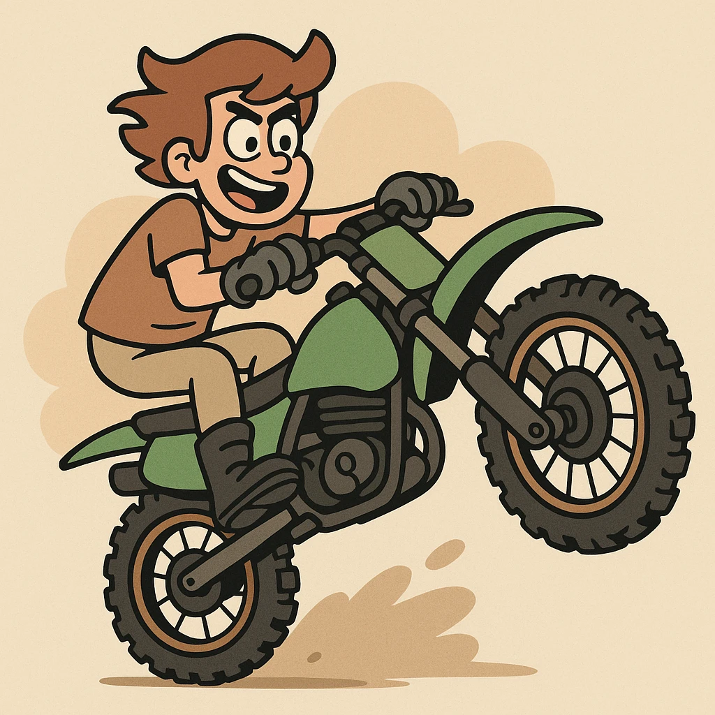 dirtbike performing a wheelie, cartoon style, playful, bold lines, fun character emoji