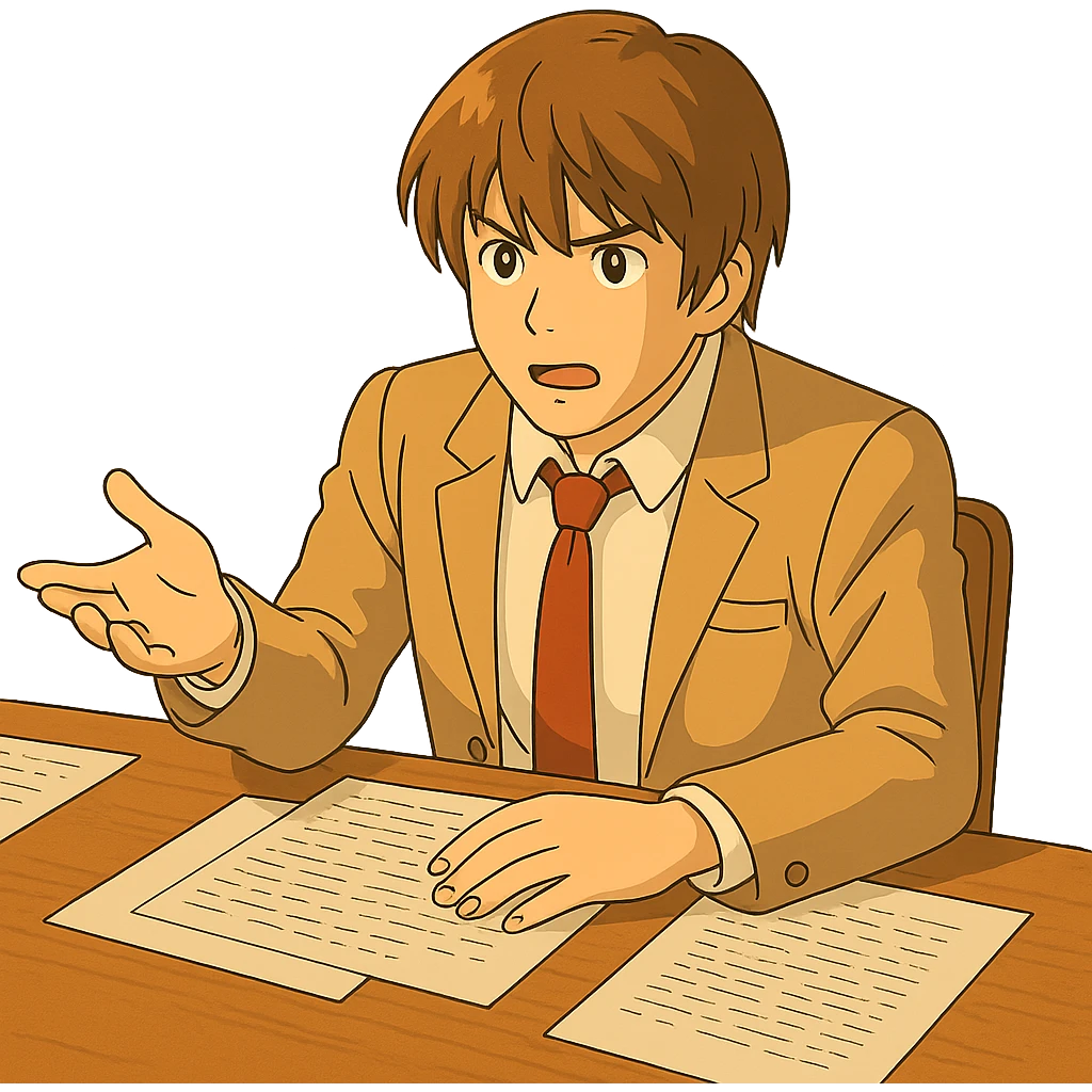 Keep Light Yagami in Ghibli style explaining something, sitting at a desk with papers, with transparent background. emoji
