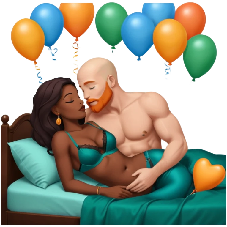 Muscular Bald white male who has a orange beard & blue eyes, kissing curvy African American dark brown woman who has long brown/black hair wearing dark green lingerie Laying in bed with chocolate birthday cake & balloons, displaying tenderness, physical romance, pairbonding & affection emoji