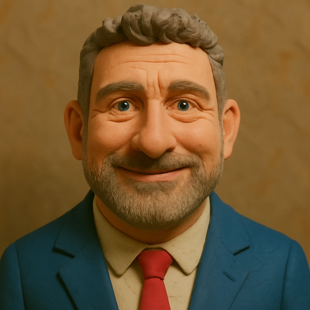 Create a claymation portrait that blends the facial features and expression of the person in the photo with the style and facial proportions of the Gerard Butler-inspired claymation art, featuring a narrower face and slightly larger forehead, using a slightly different expression. emoji