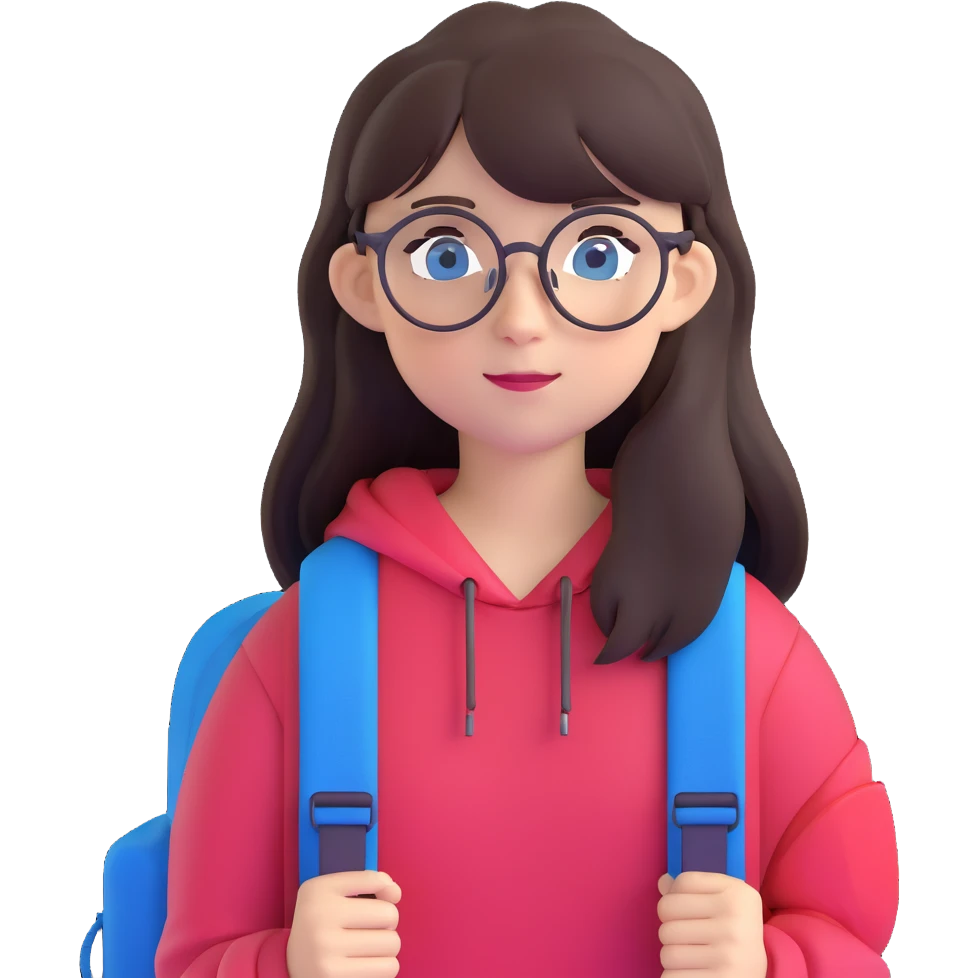 teenage girl with long dark brown hair, bangs, blue eyes, round glasses with thin black frames, wearing a backpack emoji