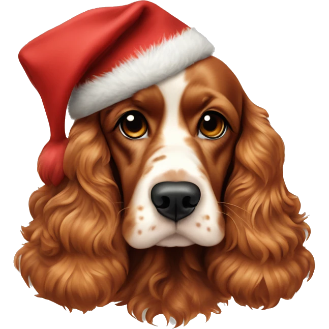 A full-length, adult, red cocker spaniel in a New Year's cap, siting emoji