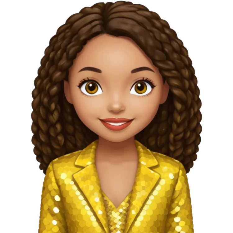 Logan Browning with long dark brown hair, yellow sequin outfit emoji
