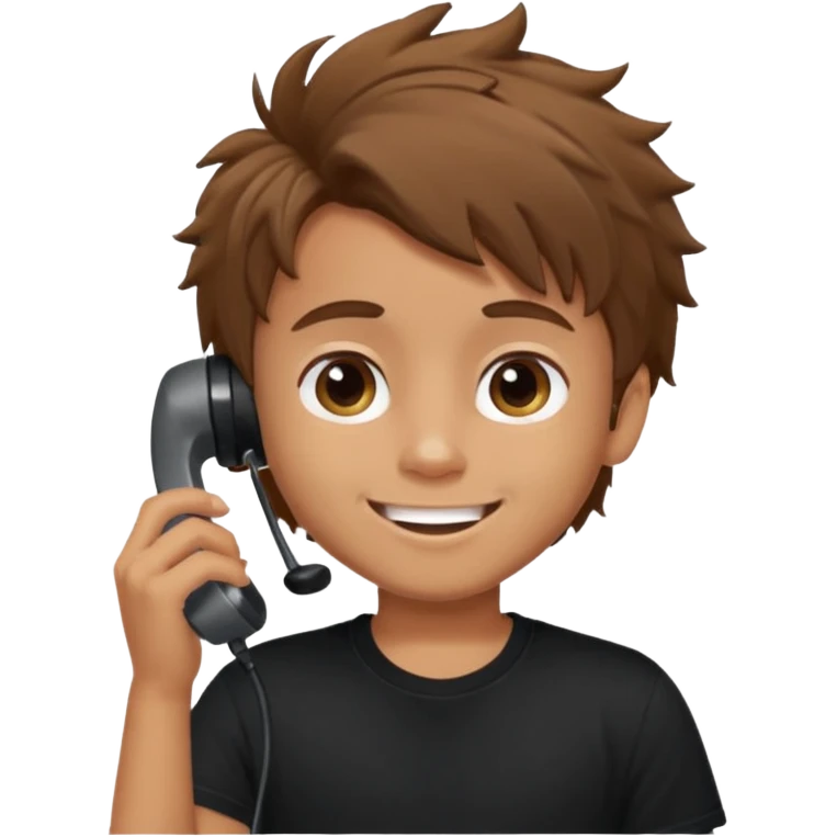 generate a pretty tan bratz boy with brown messy hair smiling while talking on call. Wearing a black tshirt emoji