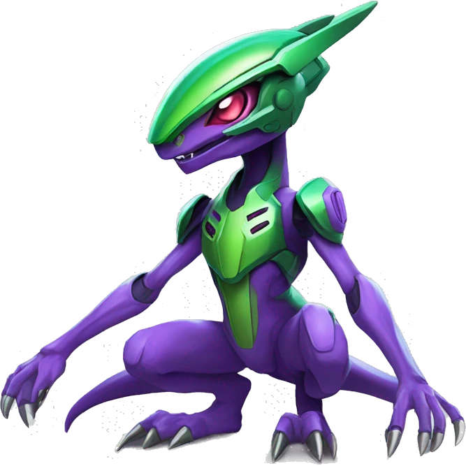 a purple-green Genesect-Raptor-Fakémon—hybrid with a futuristic visor-helmet full body emoji