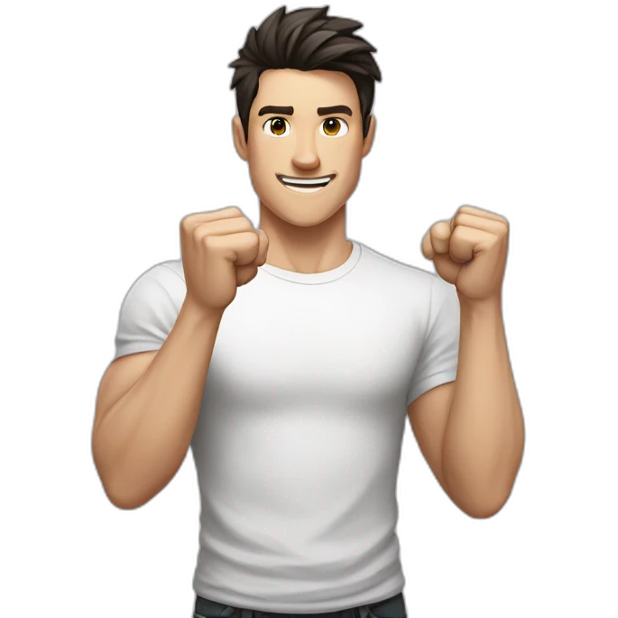 dark haired white young man in white t-shirt raising both fists in victory emoji