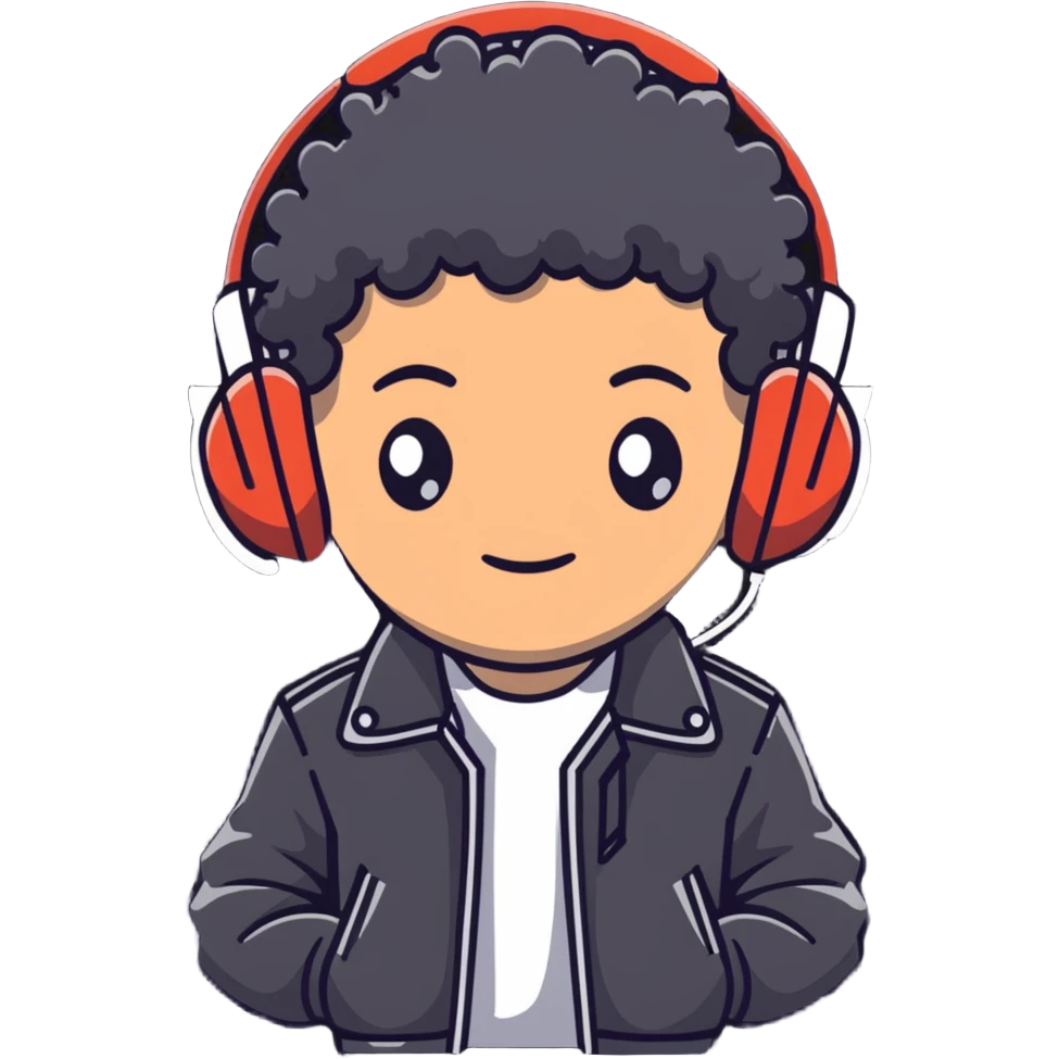 curly haired boy wearing a leather jacket and headphones music producer emoji