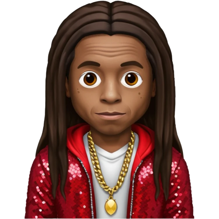 Lil Wayne with long dark brown hair, red sequin outfit emoji