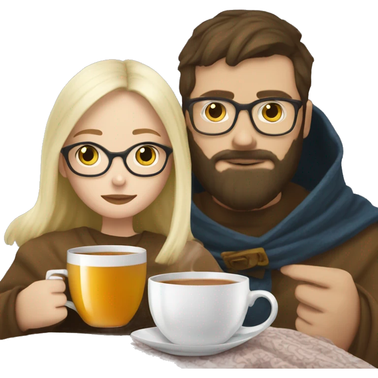Pale blonde girl wearing glasses drinking tea under blanket with bearded brunette man emoji