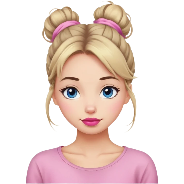 Woman cute, hair in messy bun, sky eyes, pink lips, slight smile emoji