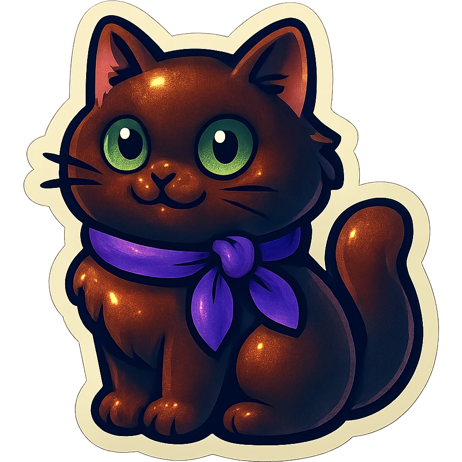 Fluffy meowing cute dark-brown cat with green eyes and a purple scarf  emoji