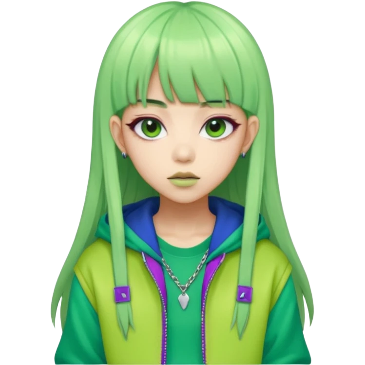  portrait-of-a-green-skin-alien-k-pop-idol,-wearing-a-stylish-streetwear-outfit-with-layered-colorful-clothing,-long-hair-with-bangs,-makeup,- emoji