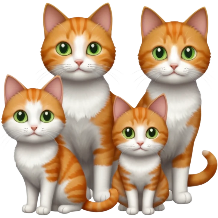 full body of 3 tiny short hair cats including a dark grey and white cat with green eyes, a ginger and white with orange eyes and a brown tabby and white with hazel eyes emoji