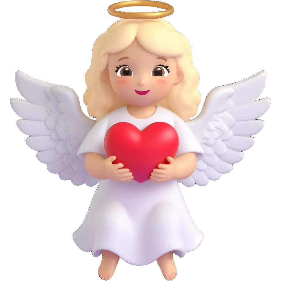 cute angel holding a red heart, Microsoft fluent style, soft shading, golden halo, white wings, joyful expression emoji