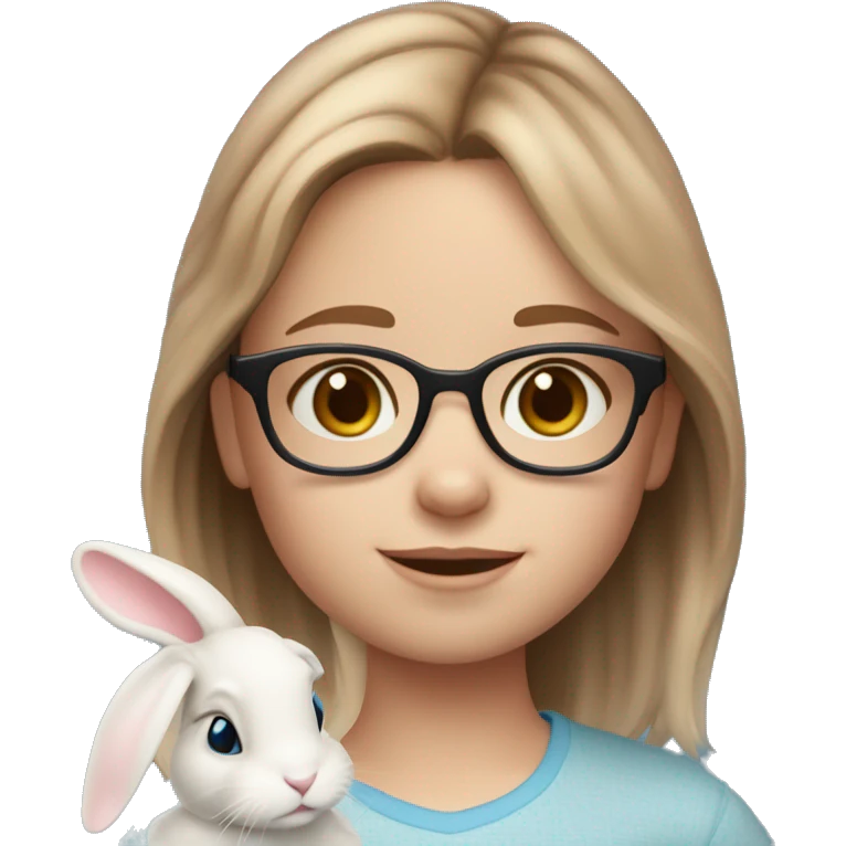 9 year old girl. Light brown medium length hair. Fair skin. Blue eyes. Glasses. Freckles on nose. Light pink lips. Holding white bunny emoji