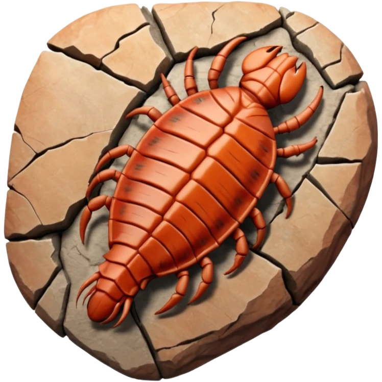 3D render of Trilobite, embedded in a chunk of rough sedimentary rock, cracked stone texture, ancient fossil aesthetic, fossilized in reddish sandstone rock, matte dry finish, Apple emoji style, isolated on white background --v 6.0 emoji