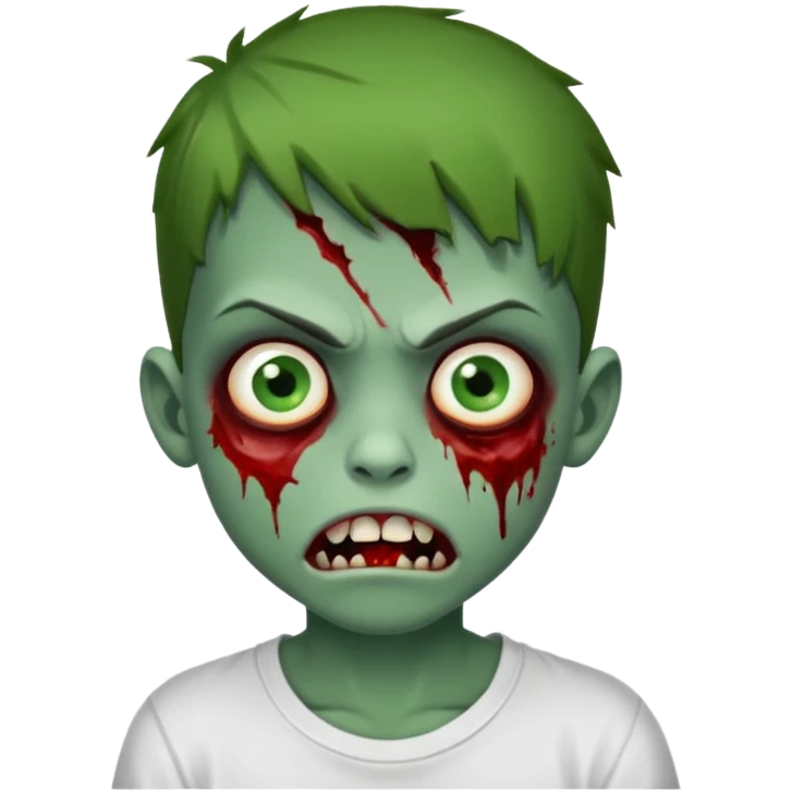 Faça um menino zumbi com a boca meio torta com machucado fo lado da boca camisa branca emoji