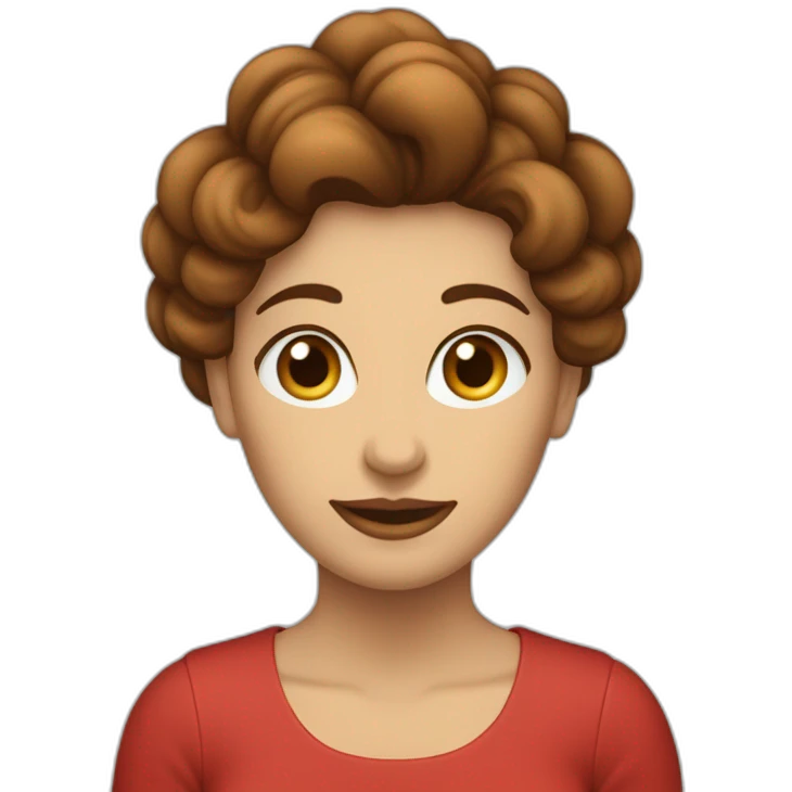 mujer con pelo pelirrojo, ondulado y hasta el pecho, con ojos marrones verdosos y muy sonriente con una mano levantada emoji