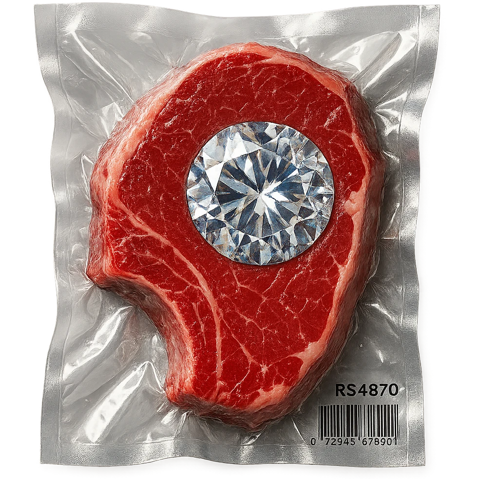 meat steak with sparkling diamond facets, glossy and puffy, vacuum-sealed style emoji
