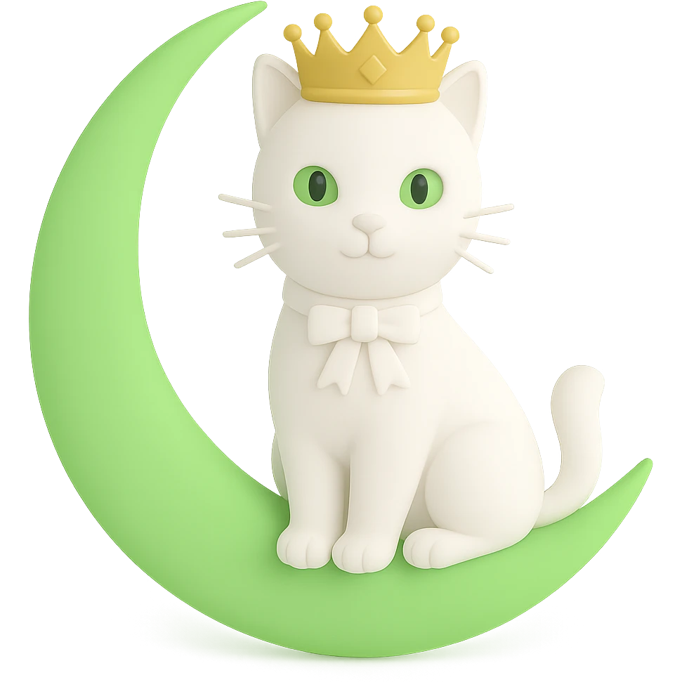 3D style neon bright green moon with a white cat sitting on it. The cat has a pink ribbon and a crown. Transparent background. emoji
