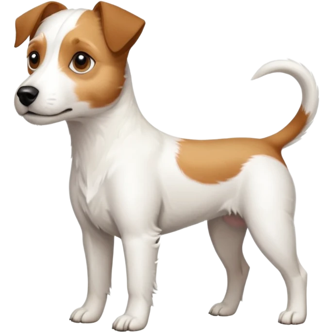 a full body slightly chubby white parson russell terrier looking dog the size of a kelpie with light brown long ears and a light brown patch on one eye and a large snout. the rest of the dog is completely white emoji
