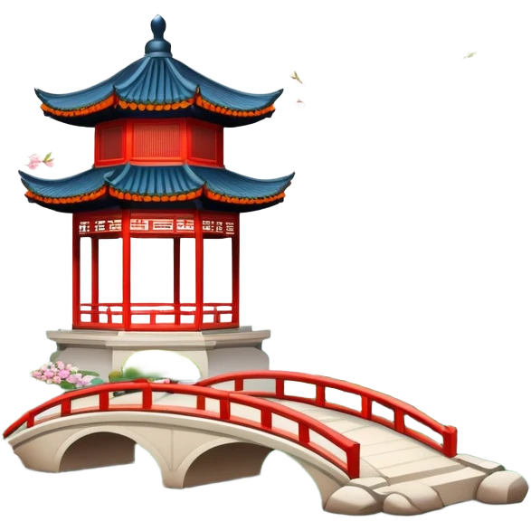 Suzhou garden with spring blossoms and pavilion by pond, simplified emoji style with bold outlines and bright colors, cartoon style traditional Chinese garden emoji