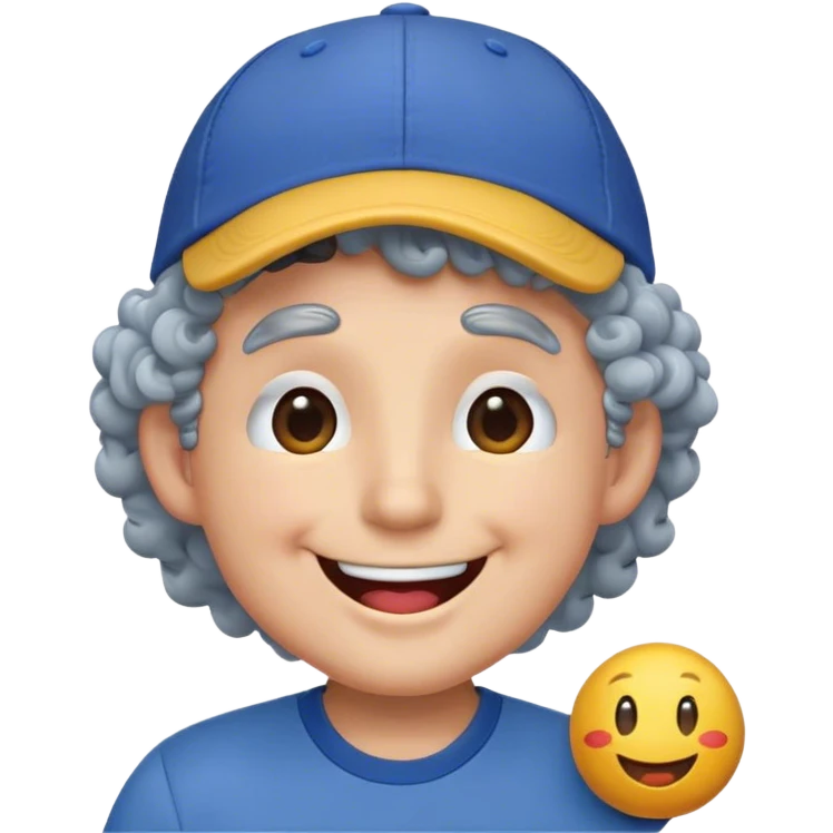 a yellow faced emoji, simple style, big smile, winking, blue ball cap on backwards, cartoon, curly grey hair emoji