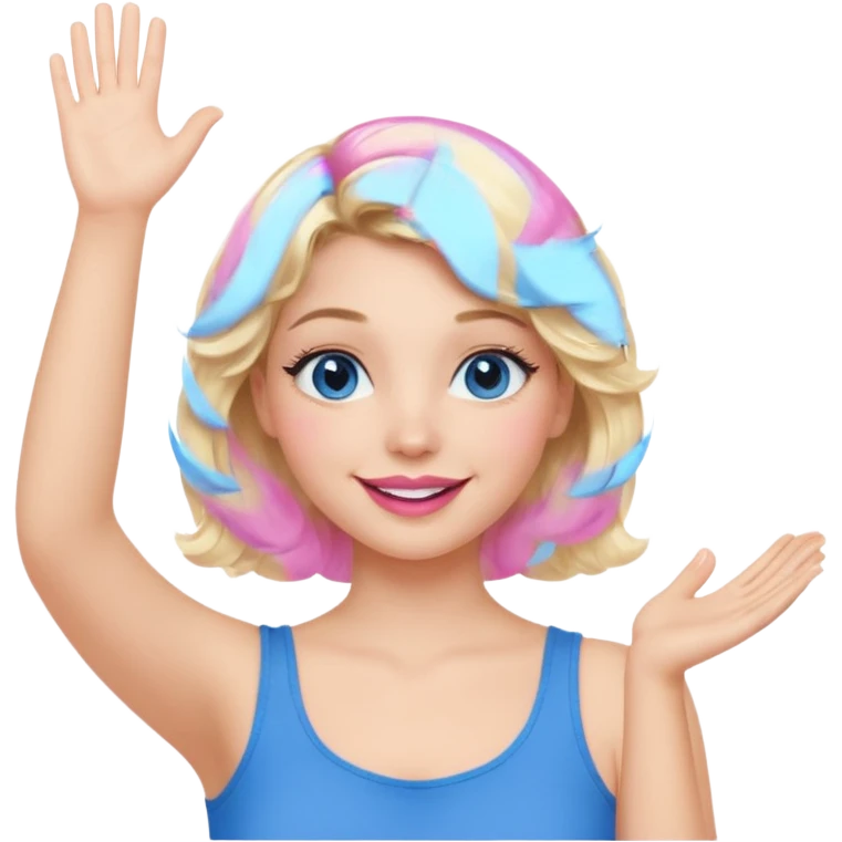 Girl Blonde short wavy hair,  blue eyes, cute blue top, long lashes, pink lips, smiling, one hand in the air emoji