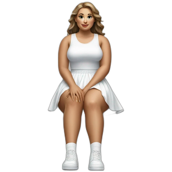hyperrealistic-full-body-caucasian-curvy-beauty-sitting on the ground-small white-skirt-white knickers white socks emoji