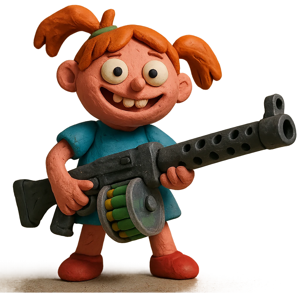 funny, positive stalker girl named Businka with a huge machine gun emoji
