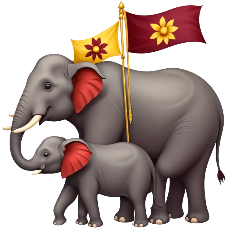 Design a political party flag featuring a horizontal tricolor of red, yellow, and maroon. At the center, place a stylized flower surrounded by 28 stars. Position two majestic elephants on either side of the flower, facing outward emoji