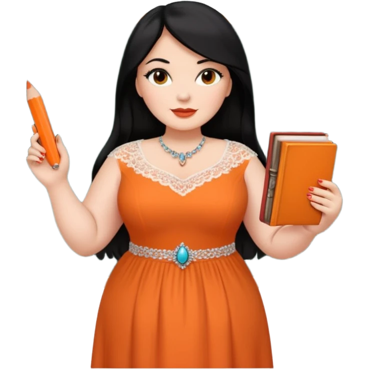  plus-size White woman is wearing makeup. She has long, straight, waist-length black hair and is wearing a full-body orange dress with rhinestones and lace. Her nails are painted orange. She is holding a book in one hand and a crayon in the other. A chalkboard is behind her. emoji