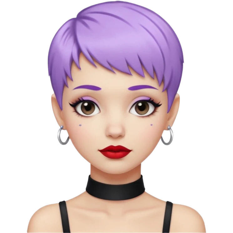 white girl with pastel purple pixie cut, black choker, red lipstick, lip ring, raised eyebrows, smirking, stylish and trendy emoji