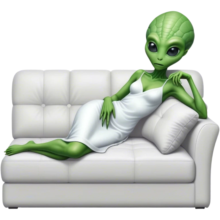 hyper-realistic reptilian green alien woman, in white dress, lie on couch comfy, full figure emoji