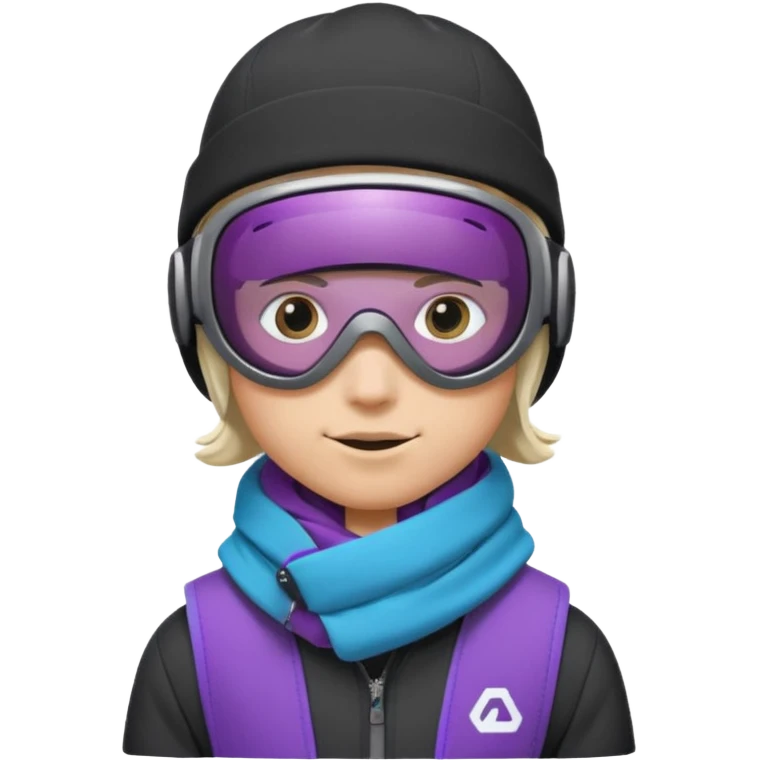 Pro Snowboarder with white and grey beanie, ONE pair of purple and blue frameless goggles on and a black jacket emoji