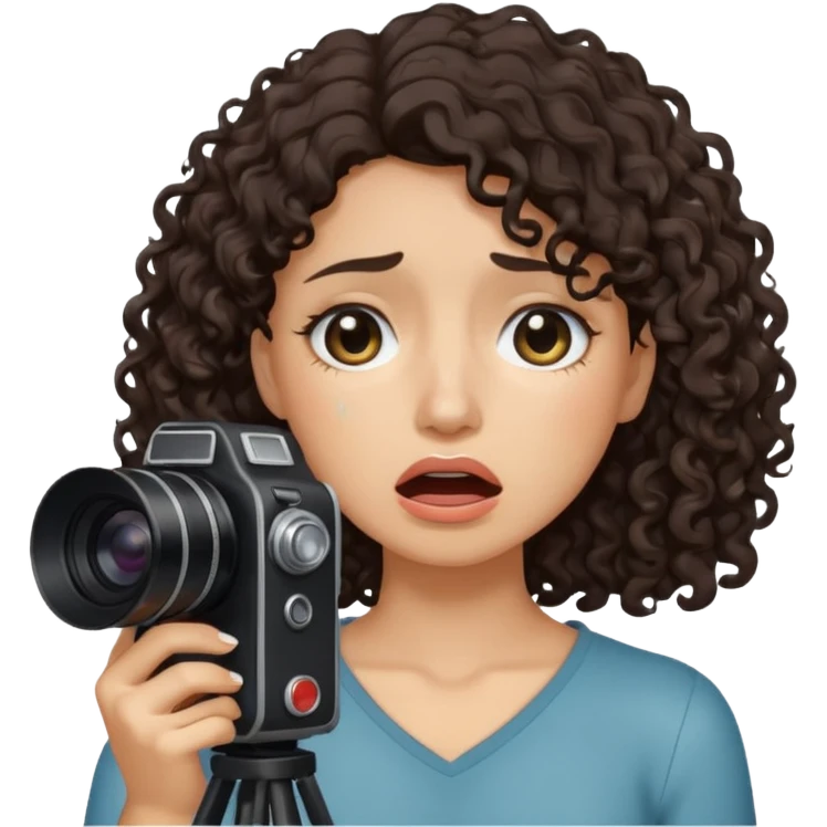 Woman with shoulder length dark curly hair holding a camera crying emoji