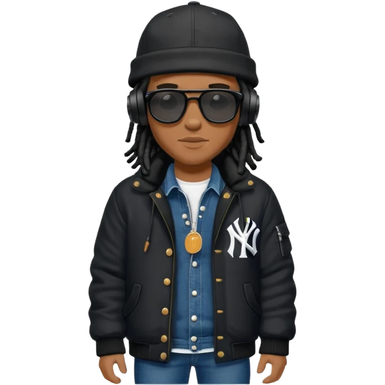 African American man with shoulder length black dreadlocks and black sunglasses wearing a black New York Yankees baseball hat wearing a black bubble winter coat with denim skinny jeans and timberland boots wearing headphones emoji