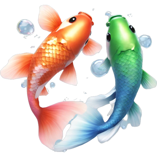  Two realistic koi fish, one green & blue, the other pink & white, swimming into each other, ying yang, Pisces fish, cloudy, water, dreamy, bubbles, iridescent emoji