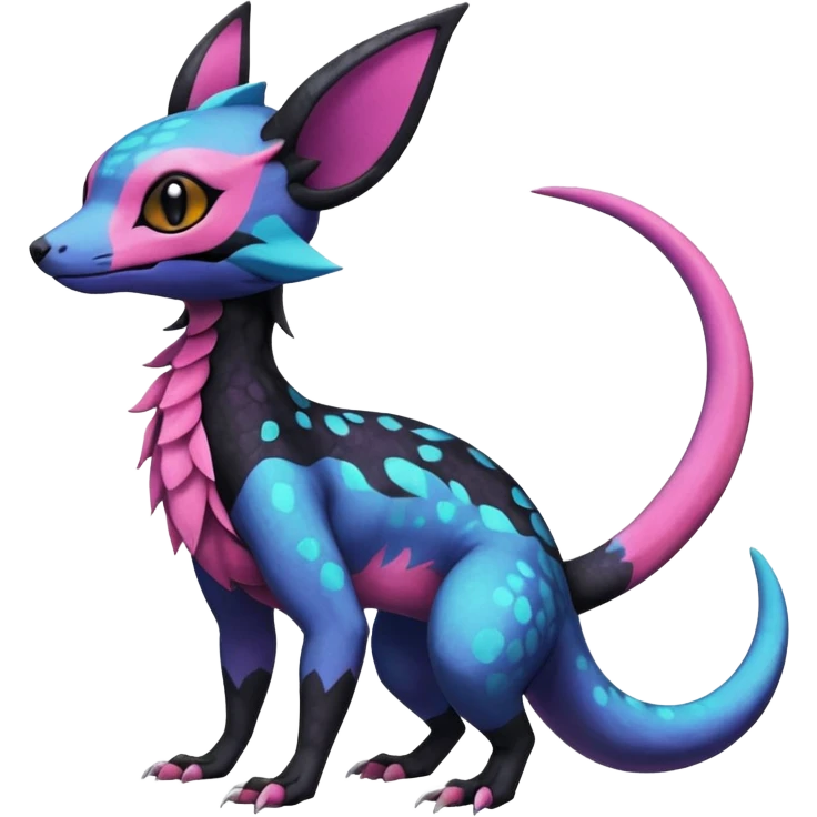 Rare epic aesthetic colorful Salandit-Noibat-Eevee-Genet-species-Fakemon-hybrid-creature, with markings, full body emoji