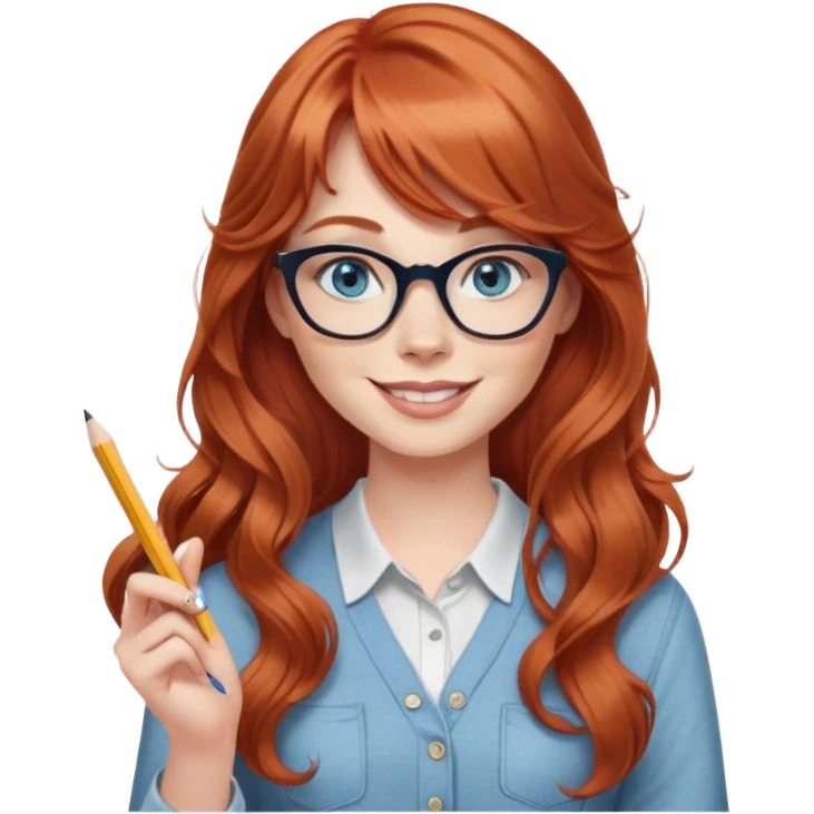 redheaded woman with very long wavy hair and bangs, blue eyes, clear cat-eye glasses, casual chic outfit, holding a pencil, smiling emoji