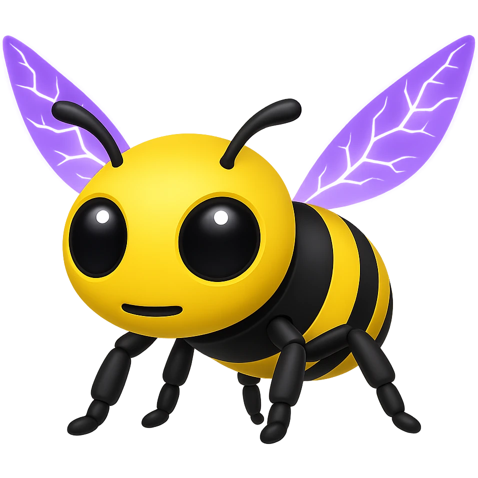 Create a robotic bee with purple crackling energy wings in the style of apple emojis, focusing on concise and clear emoji style representation. emoji