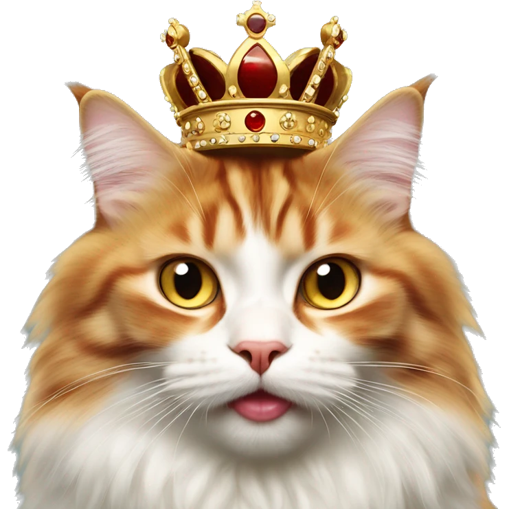 red and white Siberian cat with amber eyes in a crown shows tongue emoji