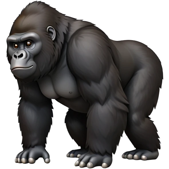 cinematic-gorilla-realistic-full-body-on all fours-emoji,-exuding-strength,-thick-dark-fur-in-the-light,-head-tilted-dramatically,-deep-dark-eyes-filled-with-intense-intelligence,-simplified-yet-realistic-focused-features,-highly-detailed,-glowing-with-an-almost-sarcastic-glow emoji