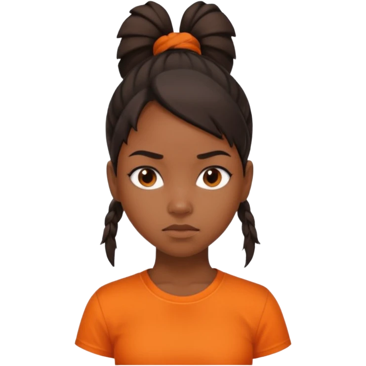 black girl with pony tail and orange shirt serious look emoji