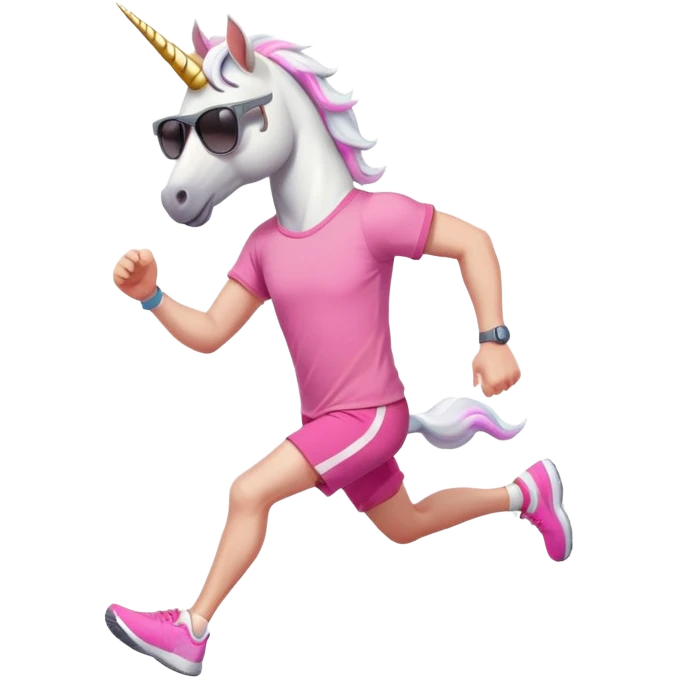 friendly anthropomorphised male white unicorn in grey shorts and pink t-shirt, wearing dark sunglasses, jogging upright in a standard pose emoji