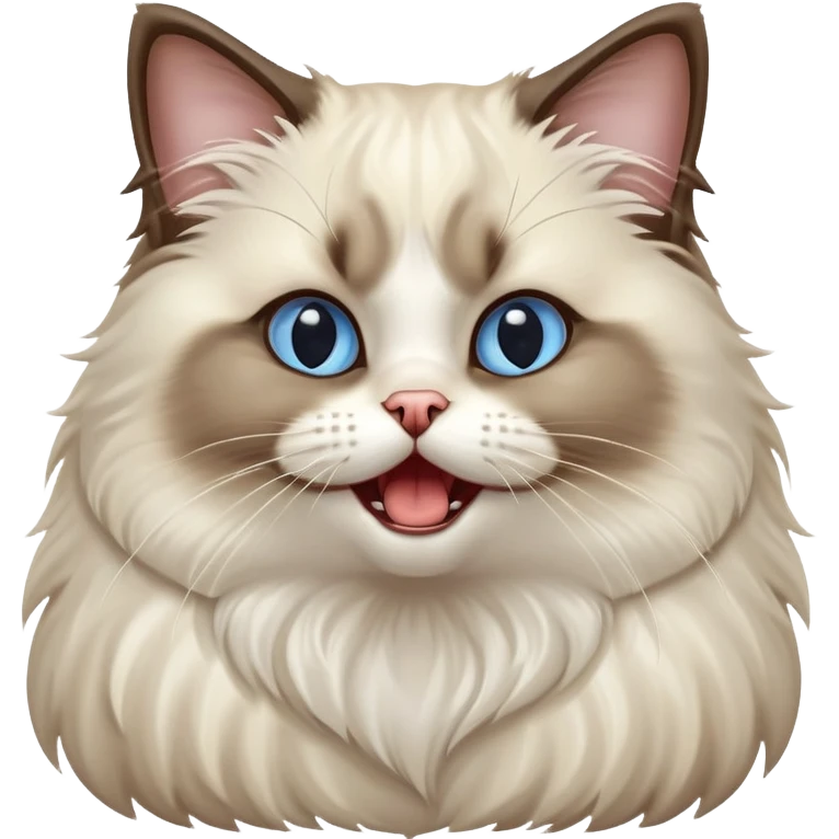 Cinematic-Adorable-Seal-Ragdoll-Cat-Portrait-Emoji – Big-eyed, fluffy Ragdoll cat with a playful head tilt and a cute yawn, soft brown-and-white fur with darker seal points on the ears and face, simplified yet irresistibly cute features, sparkling blue eyes full of mischief, highly detailed with a gentle glow. emoji